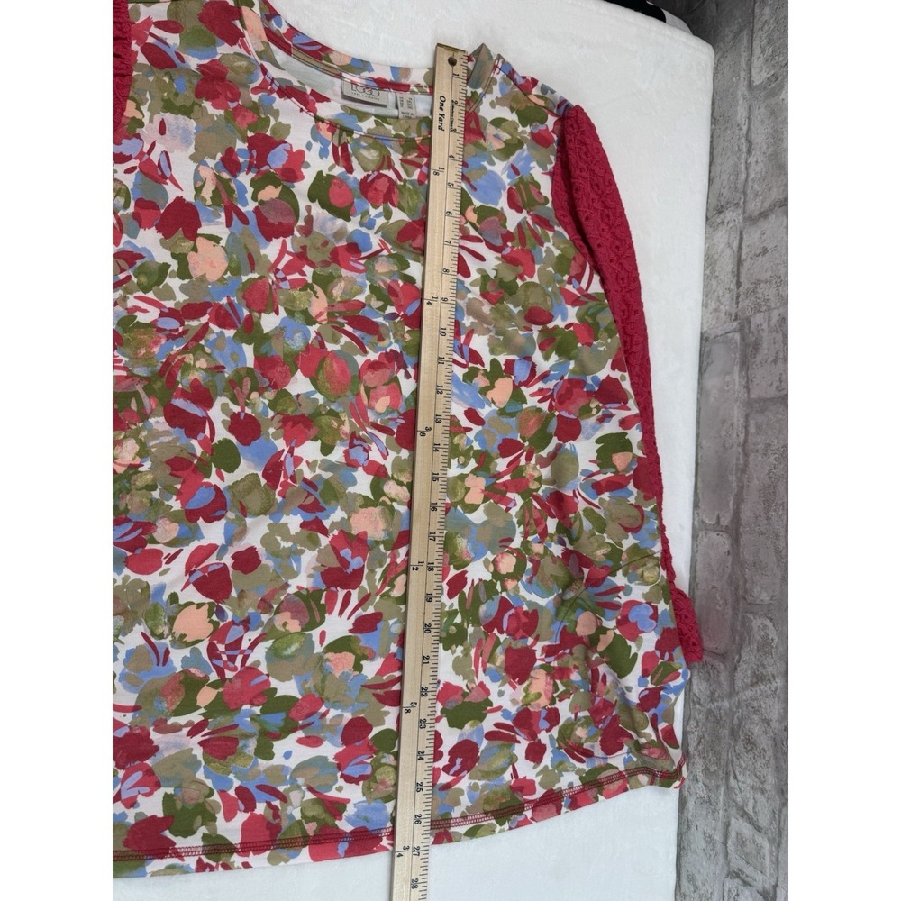 LOGO Lori Goldstein 3/4 Sleeve Top Eyelet Lace Sleeve Pink Rose Cloud Pockets 1x - Picture 7 of 13